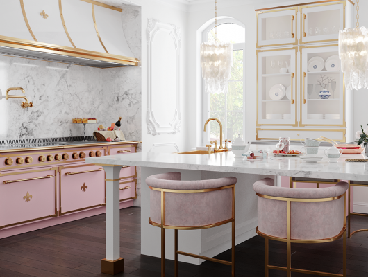 明亮的白色厨房里有粉红色的L'atelier炉灶